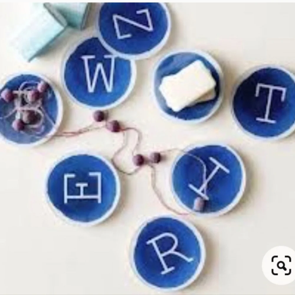 West Elm Blue Monogram V Ceramic Trinket Dish